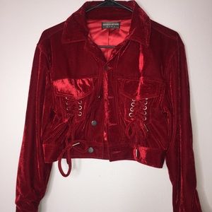 Red velvet cropped jacket by Maniere de Voir